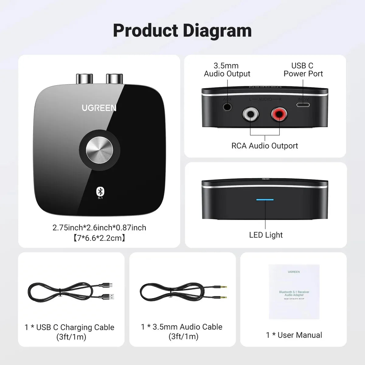 Receptor Audio Bluetooth 5,1 Aptx 2 En 1 Rca 3,5mm Ugreen