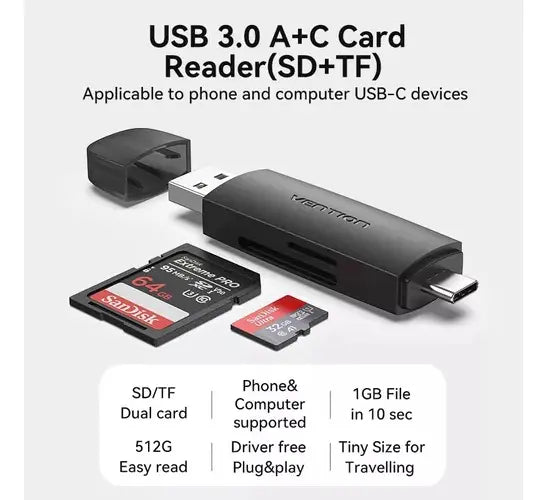 Lector De Tarjetas Sd Tf Usb 3,0 Usb C 5gbps Vention