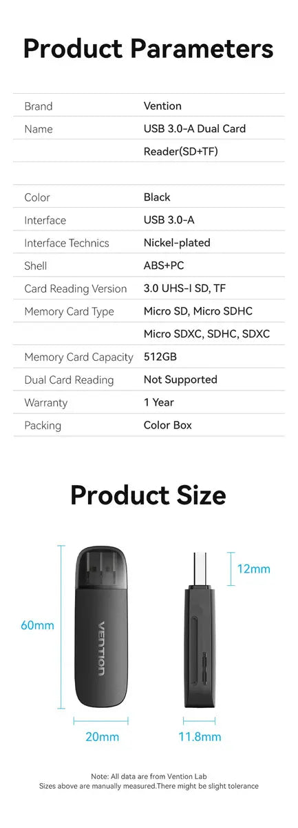 Lectora De Tarjeta - 2 En 1 - Usb 3,0 Sd Tf - Dual - Vention