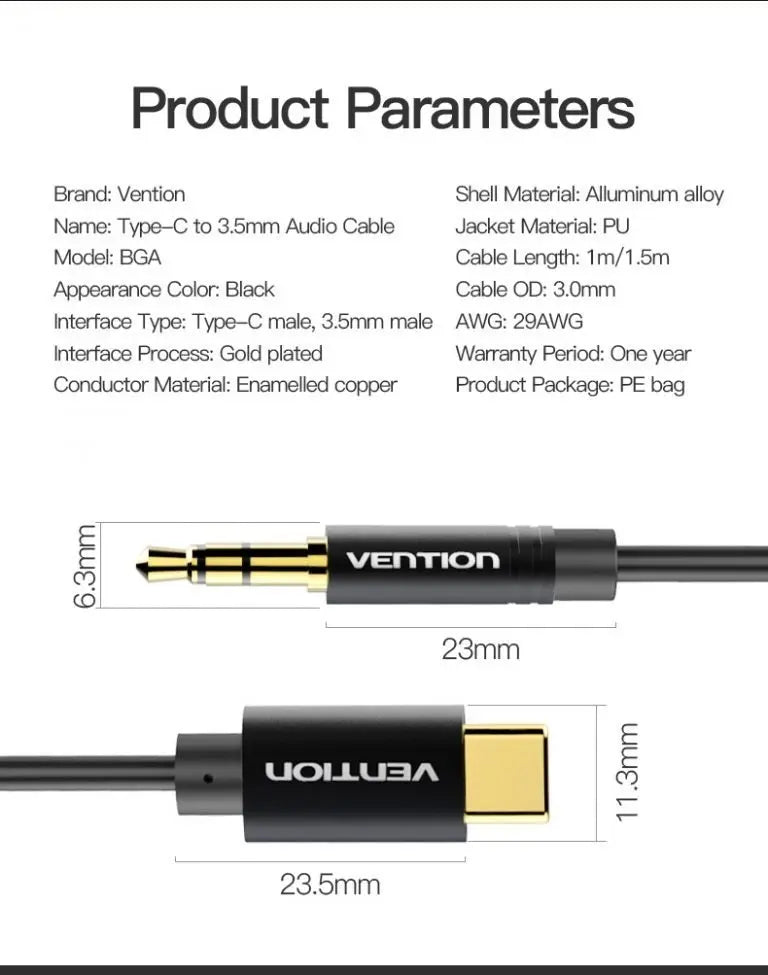 Cable Adaptador Auxiliar Jack 3,5 Plug A Usb Tipo C Vention
