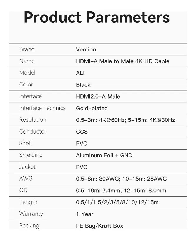 Cable Hdmi 2,0 Certificado Hd 4k 60hz Hdr 1 Metro Vention