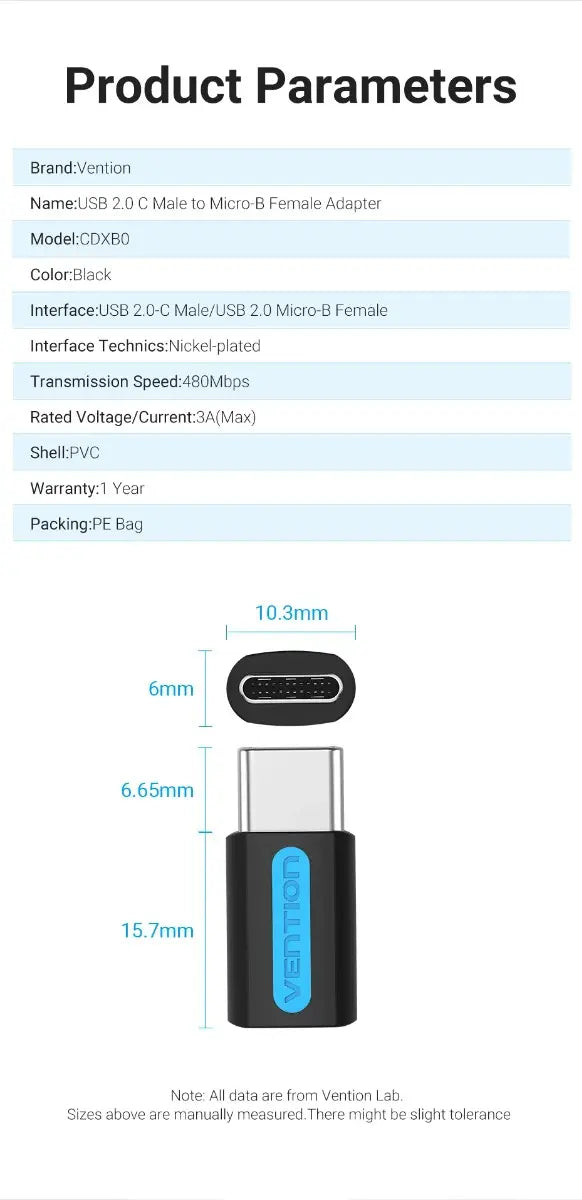 Adaptador Usb C Macho A Micro Usb Hembra Vention Negro