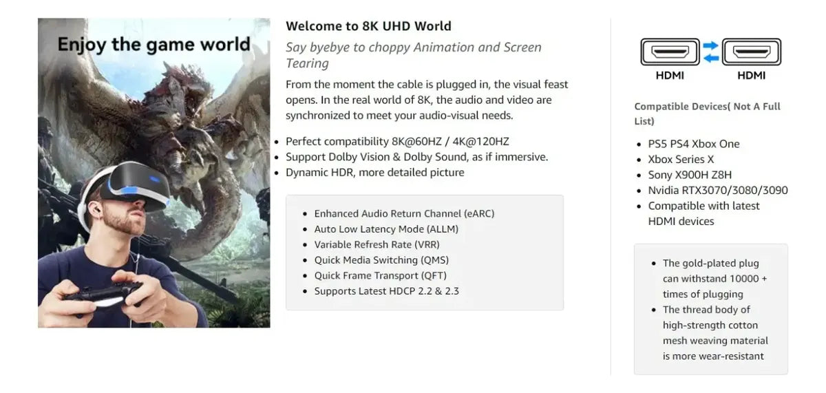 Cable Hdmi 2,1 Mallado 8k 60hz Earc 3d Hdr 3m Vention