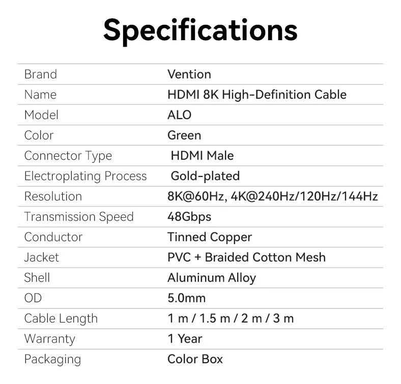 Cable Hdmi 2,1 - 8k 60hz 4k 2k 240hz Hdr Vrr 2M Vention