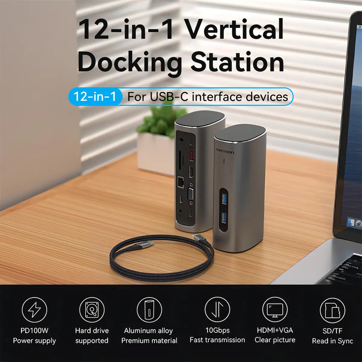 Docking Station 12 En 1 Usbc Hdmi Vga Rj45 Sd/tf Usb Vention