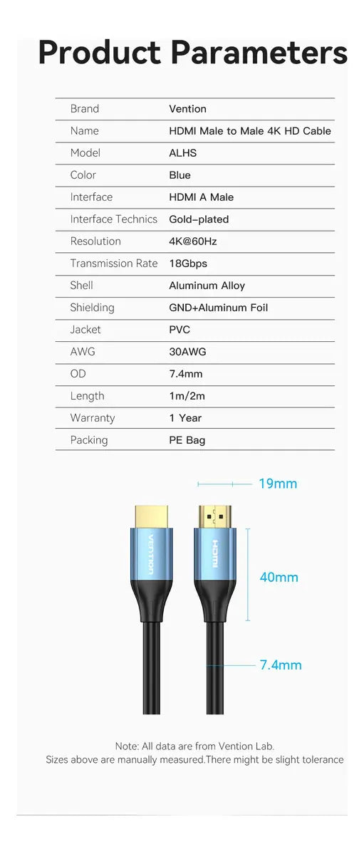 Cable Hdmi 2,0 - 4k 60hz 3d Hdr Hdcp 18gbps 1 M Azul Vention
