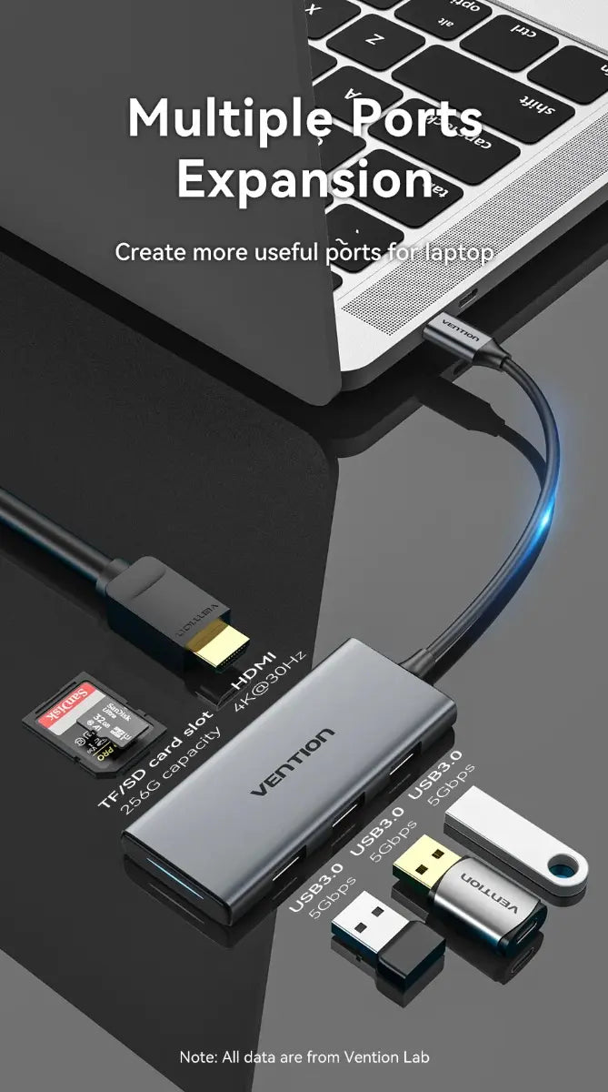 Hub Docking Station 6 En 1 Usb-c Hdmi Usb 3,0 Sd 4k Vention Gris