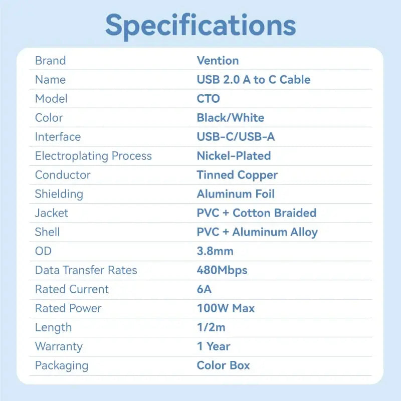 Cable Usb A Usb C 6a 480 Mbps Datos Carga 2m Blanco Vention