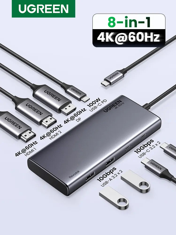Hub Multipuerto 8 En 1 Usb C A Hdmi 4k60hz Usb 10gbps Ugreen Gris Oscuro