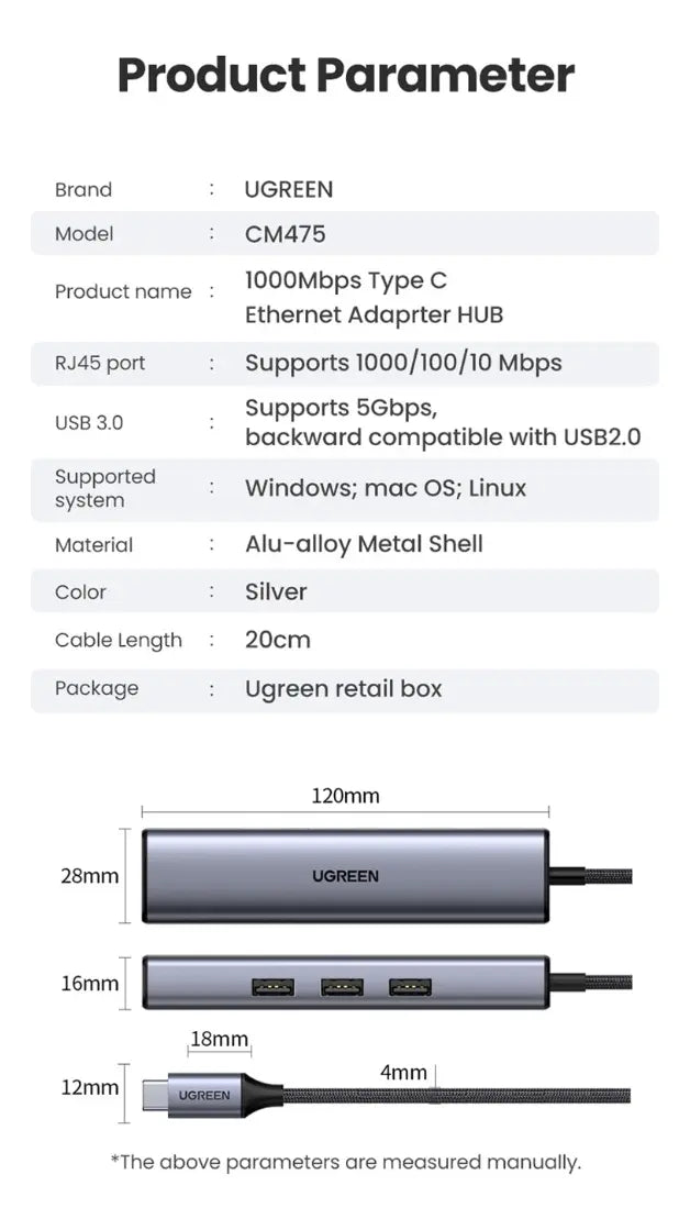 Hub Multipuerto 4 En 1 Usb-c A Usb 3,0 Rj45 Adaptador Ugreen Gris