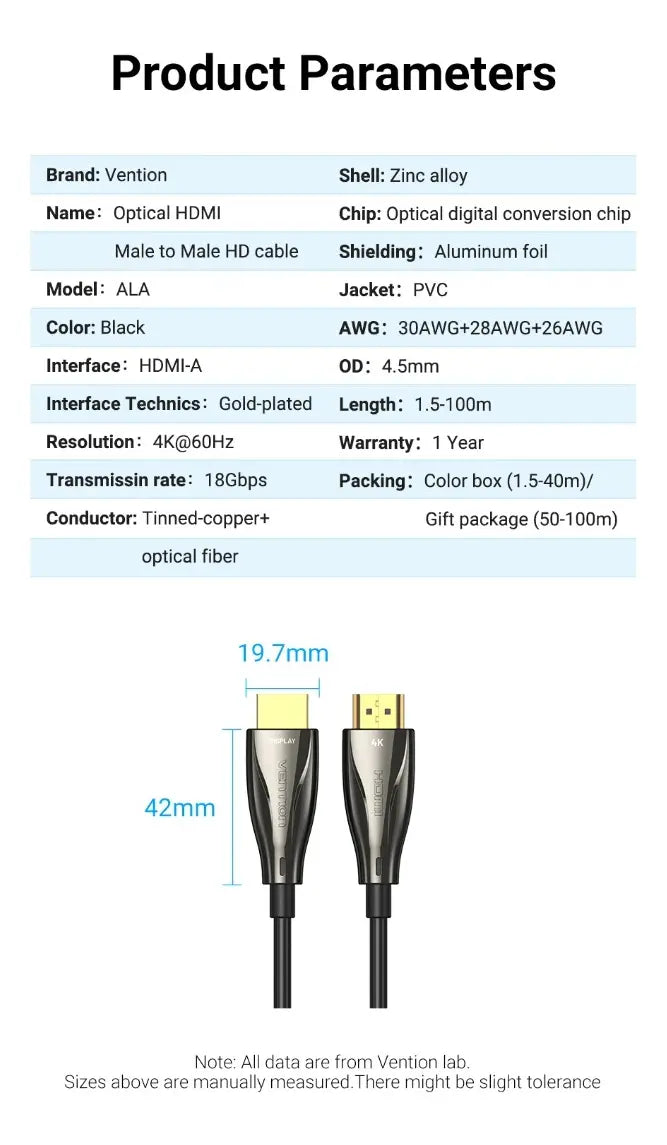 Cable Hdmi 2,0 Fibra Optica Certi 4k 60hz 18gbps 10m Vention