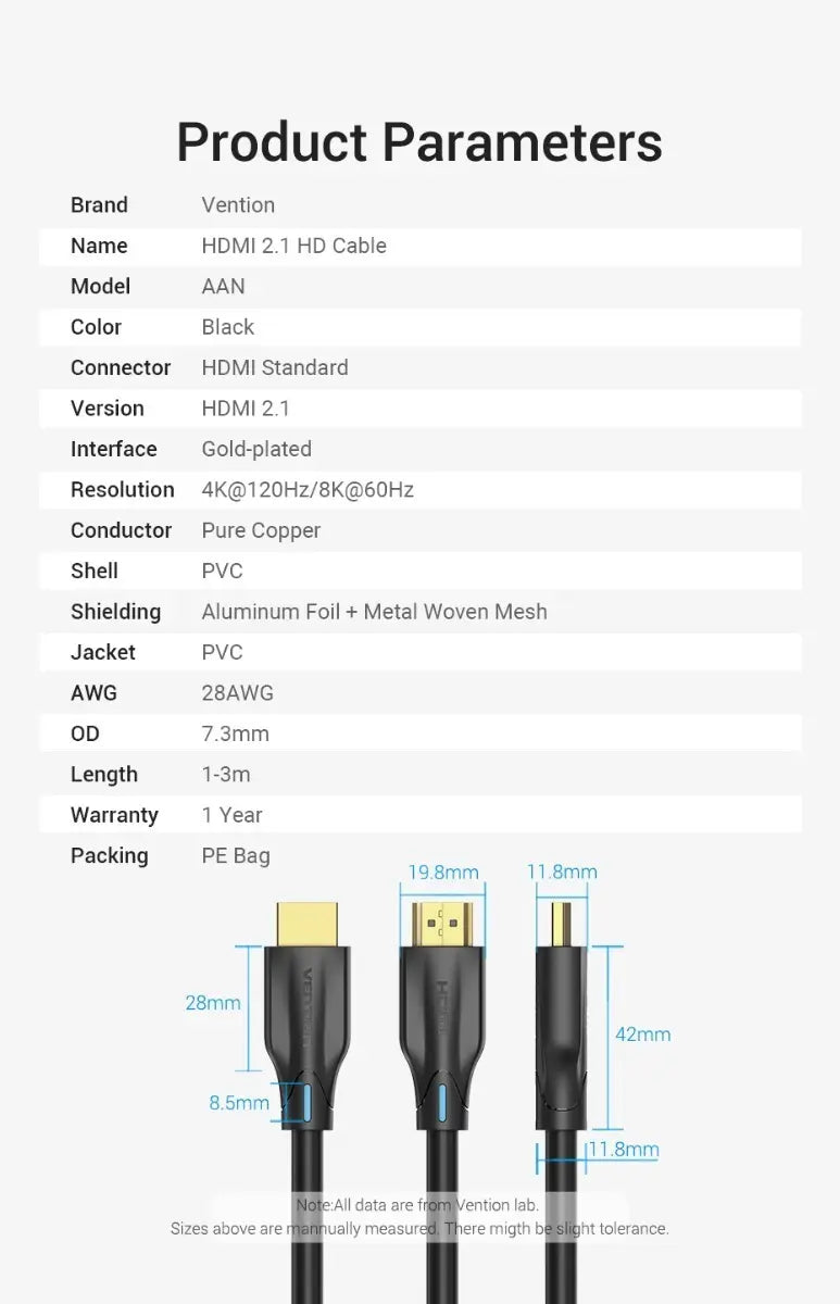 Cable Hdmi 2,1 8k Earc 120hz Hdr Vrr 48gb 10 Metros Vention