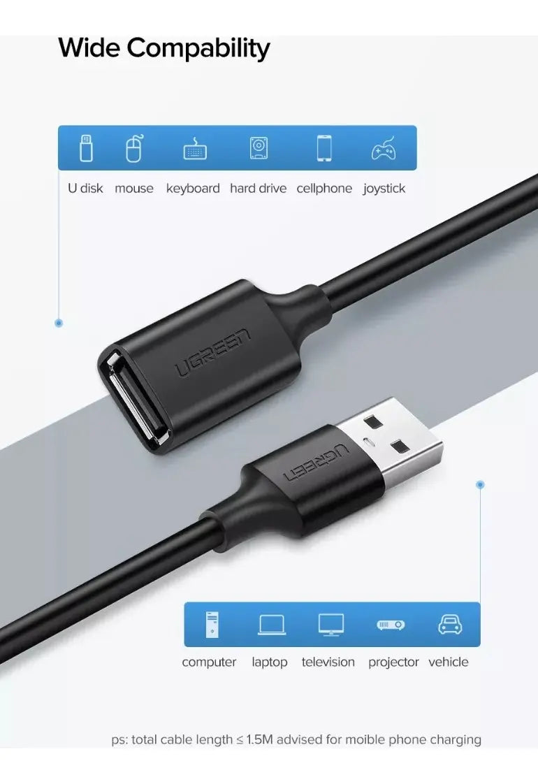Cable Premium Usb 2,0 Macho A Hembra 3 Metros Ugreen Negro