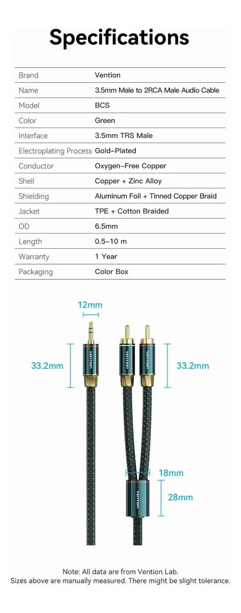 Cable Audio Aux 3,5 A 2rca Alta Calidad Verde 1m Vention