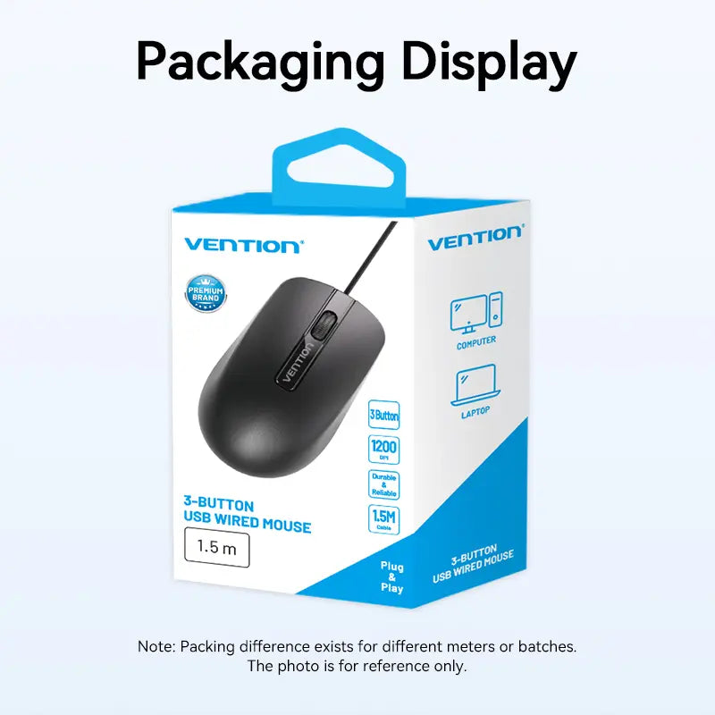 Mouse Optico Vention Usb Cable 1200 Dpi Oficina 1,5 Metros Negro