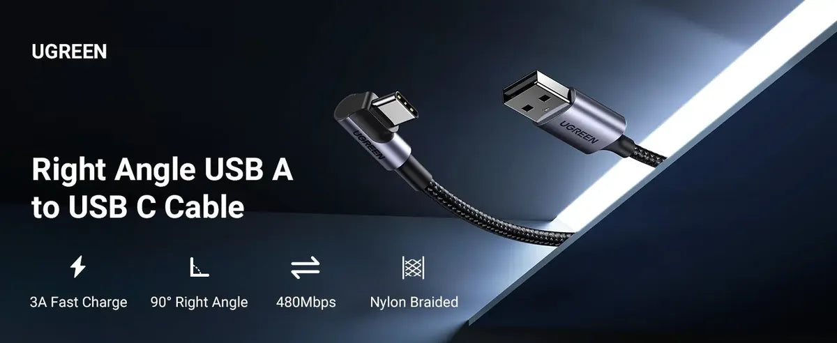 Cable Usb A Usb-c 90° En L 18w 3a Carga Rapida 1m Ugreen Negro
