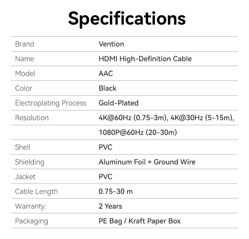 Cable Hdmi 2,0 3d Arc 1080 Certif 4k 75cm 18 Gbps Vention