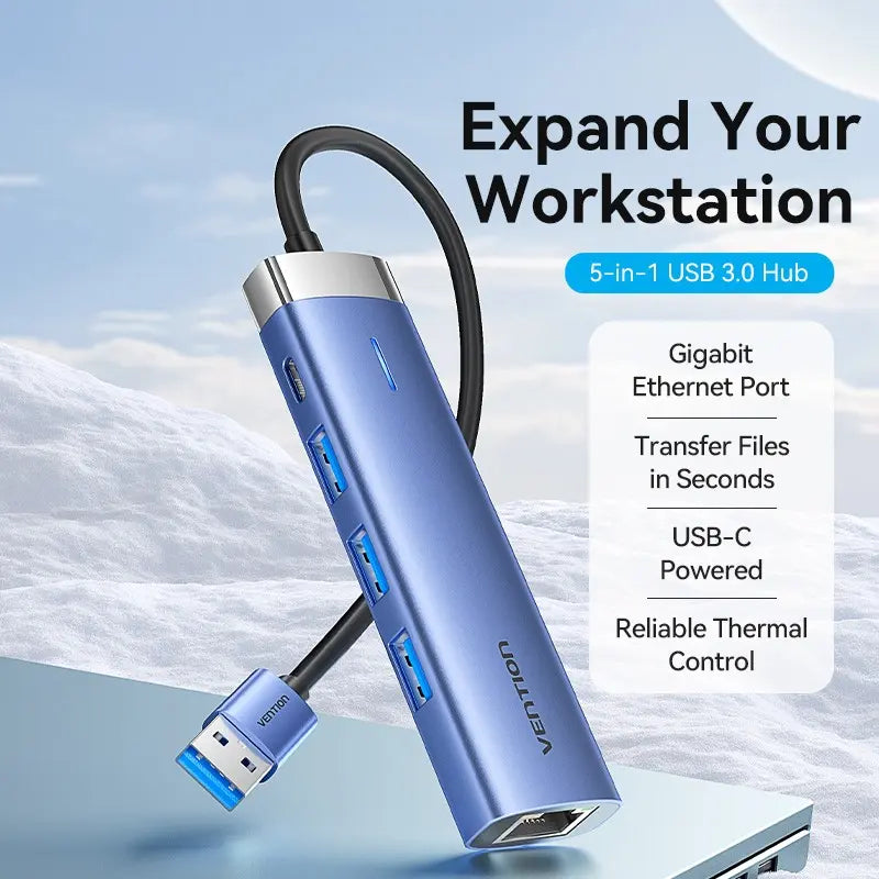 Hub Multipuerto Usb 3,0 - 5 En 1 - Usb C - Rj45 Vention Plateado