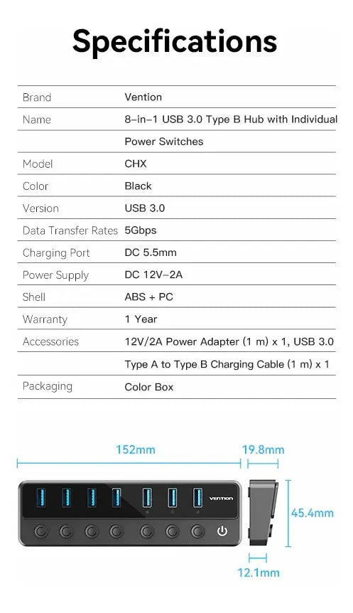 Hub Usb 3,0 7 En 1 Con Switch Encendido Con Fuente Vention Negro