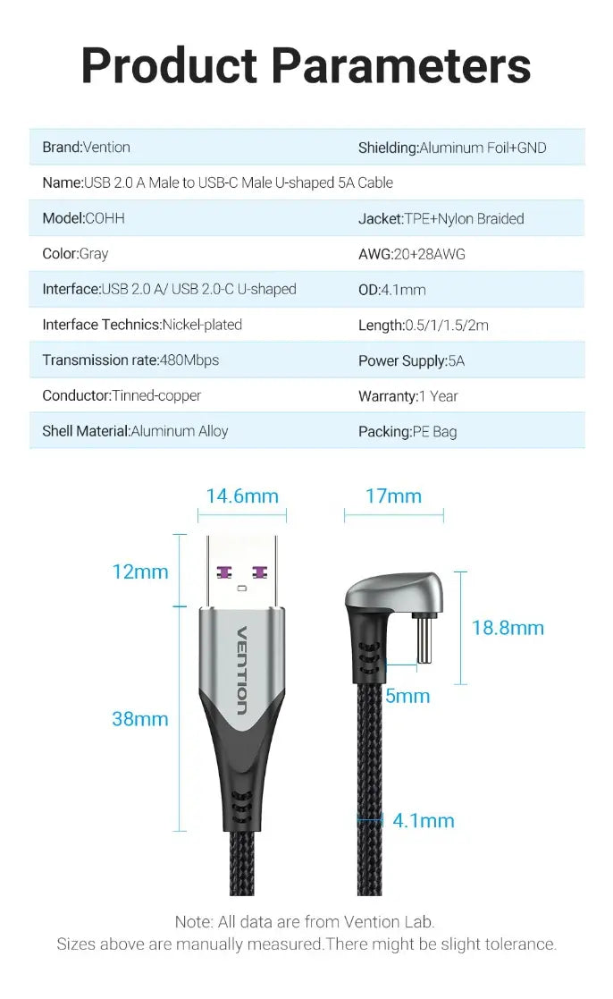 Cable Carga Rapida - 180° - Usb-c 2,0 - 5a - 66w 2m Vention