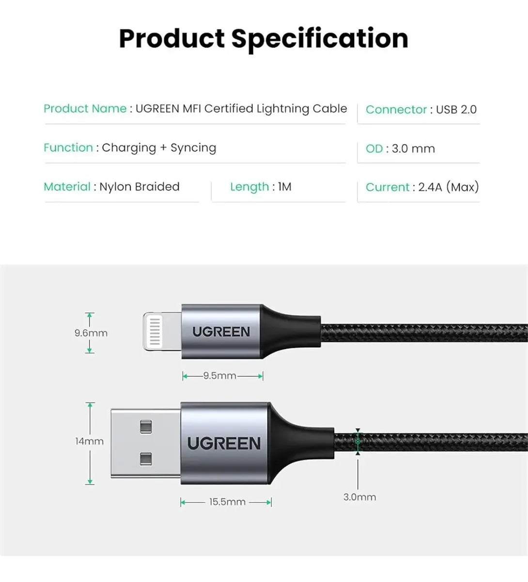 Cable Usb A Lightning Para iPhone Plateado 2,4a 2m Ugreen