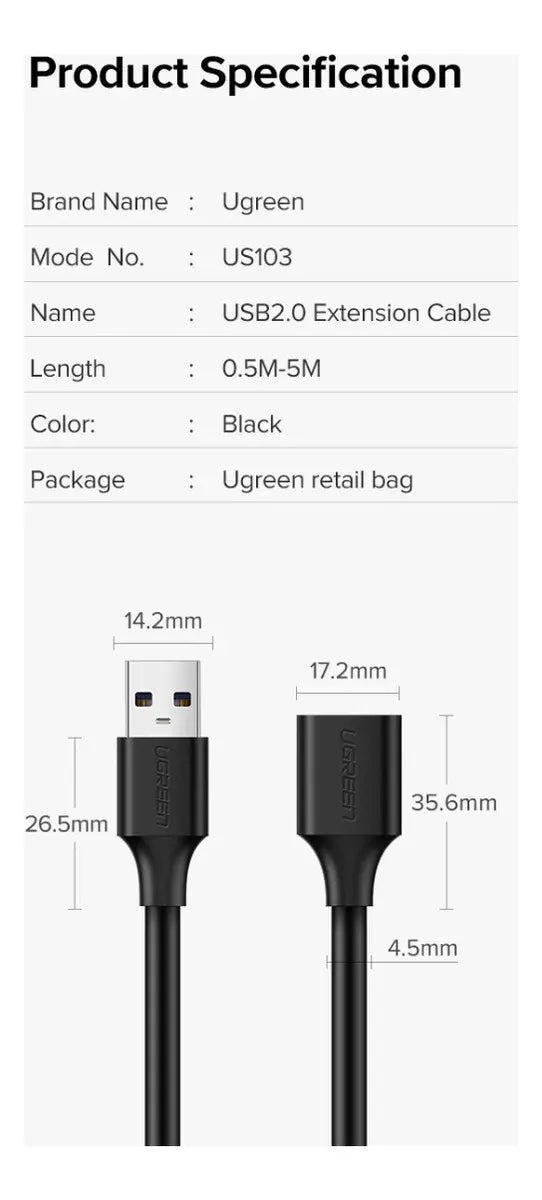 Cable Extensor Ugreen Premium Usb 2,0 Macho A Hembra 0,5m - Negro