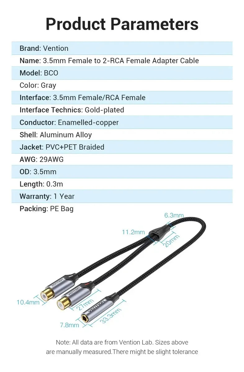 Cable Audio Jack 3,5 Miniplug Hembra A Rca Hembra Vention
