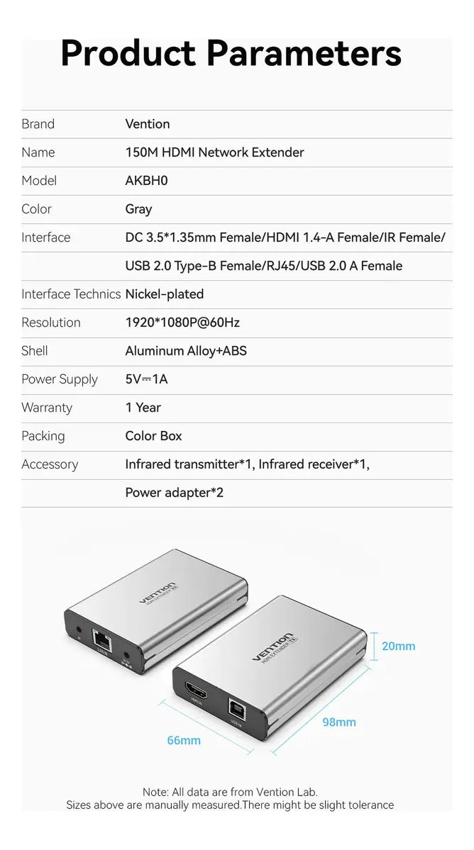 Extensor Hdmi Rj45 Red Ir Usb Soporta 150m Hd@60hz Vention