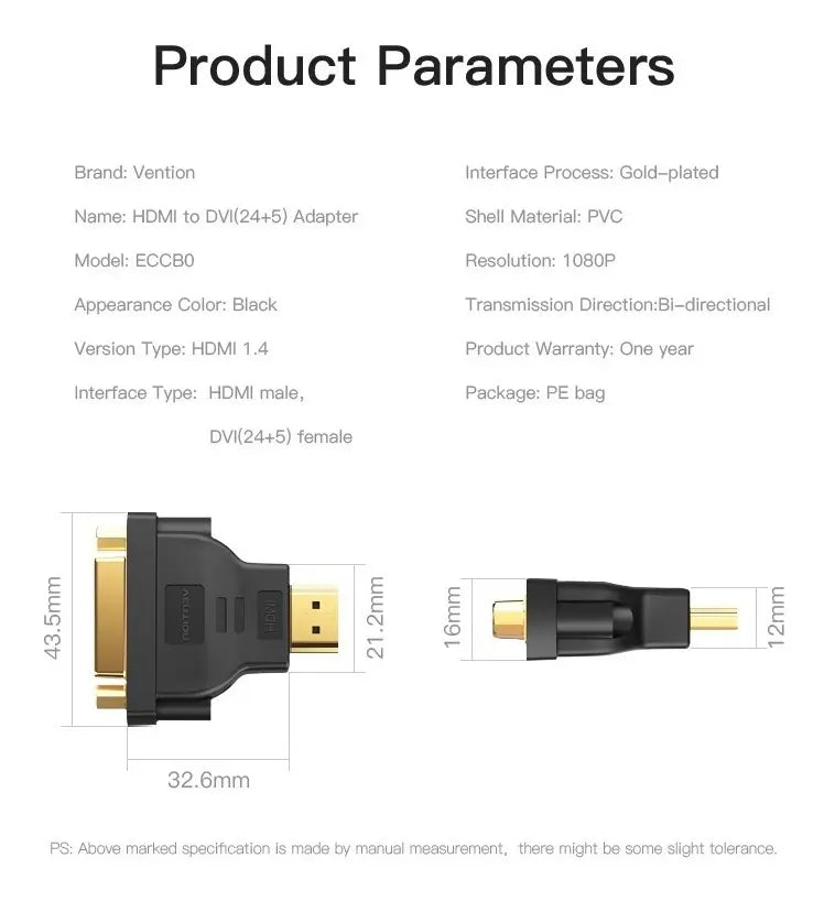 Adaptador Bidireccional Hdmi Macho A Dvi Hembra Vention