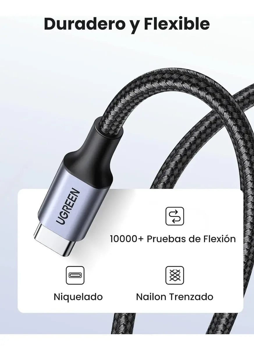 Cable Usb Tipo C Carga Rapida 60w Trenzado 1 Metro Ugreen Gris