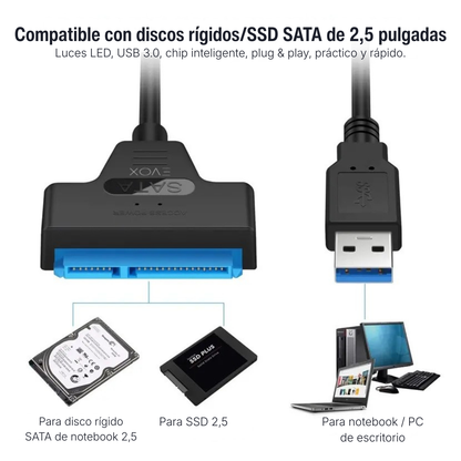 Cable Adaptador Evox Usb 3,0 A Sata 2,5 Disco Rigido Y Ssd Negro