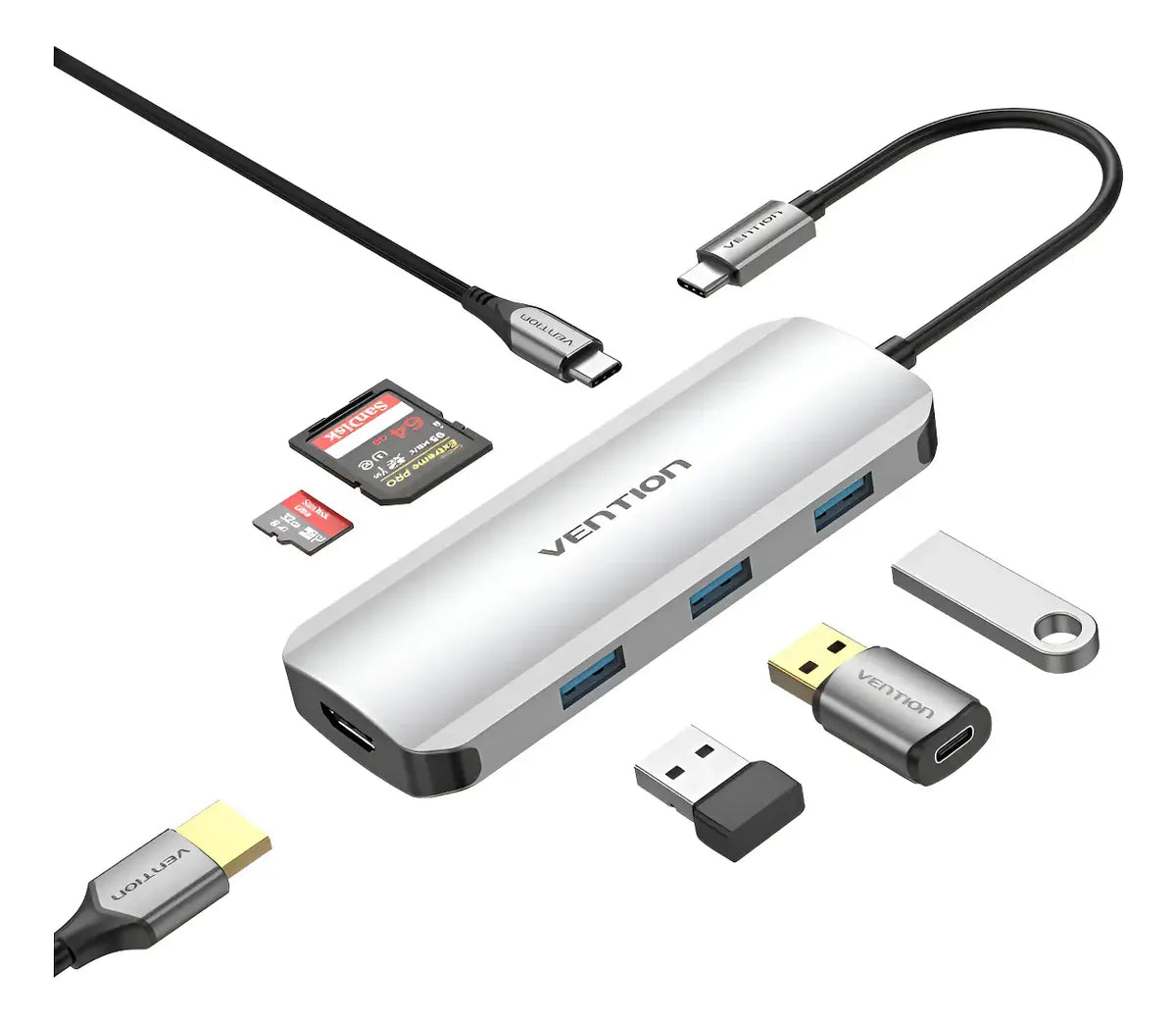 Hub Multipuerto 7 En 1 Usb C Hdmi Usb 3,0 Tarjeta Sd Vention Plateado
