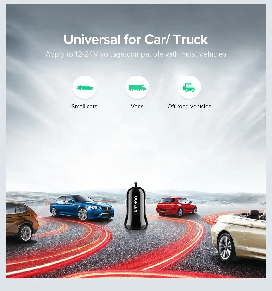 Cargador Auto Carga Rapida Usb X2 2,4a 5v Compacto Ugreen Negro
