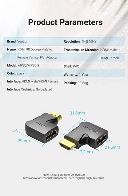 Adaptador X2 Hdmi Macho A Hembra Codo 90° Vertical Vention
