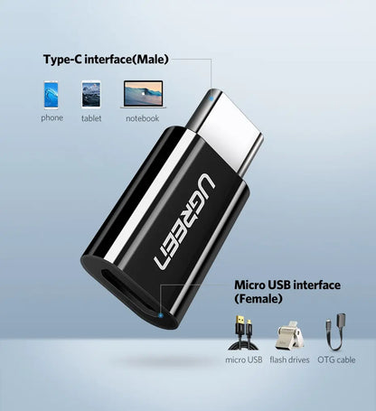 Adaptador Micro Usb Hembra A Usb C Macho Otg Ugreen Negro