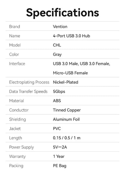 Hub Multipuerto Usb 3,0 X4 5 En 1 Gris Carga 0,5cm Vention Gris