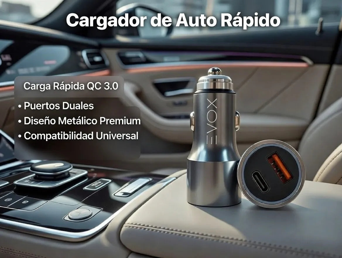 Cargador Celular Auto Evox Carga Rapida 12v Dual Usb + Usb C Gris