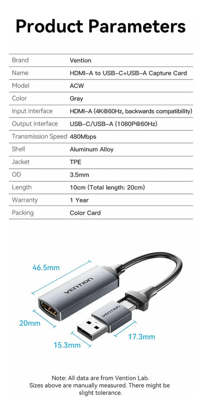 Capturadora Vídeo Hdmi Hembra A Usb Usb C 1080p 60hz Vention