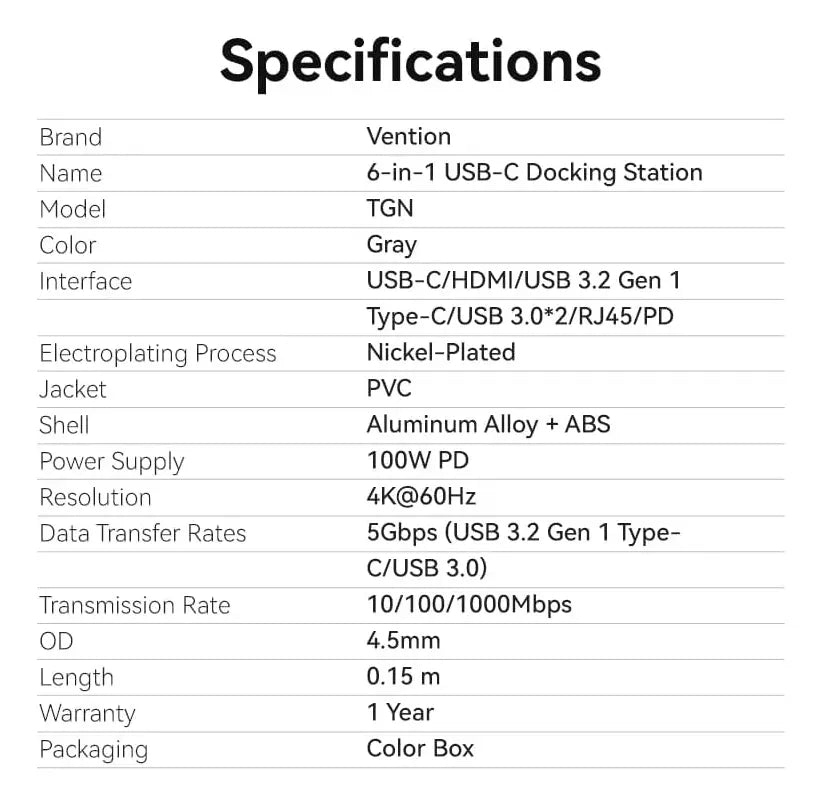 Hub Usb Multipuerto 6 En 1 Vention Usb C 3,2 Rj45 Hdmi 4k Plateado