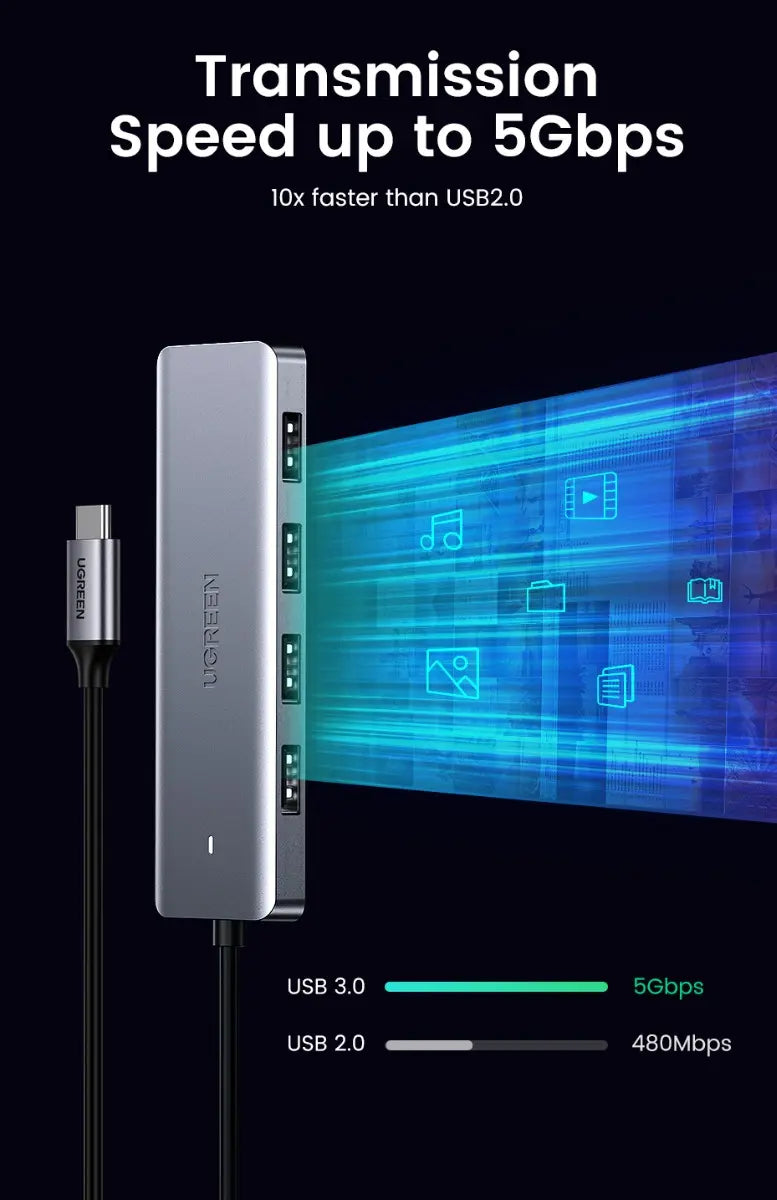 Hub Multipuerto Usb-c - 5 En 1 - Usb 3,0 X4 Pd 5v Ugreen Plateado