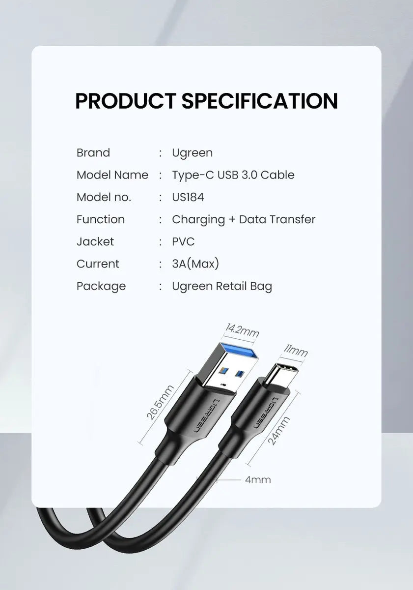 Cable Usb 3,0 A Usb-c Premium Carga Rapida Y Datos 1m Ugreen Negro