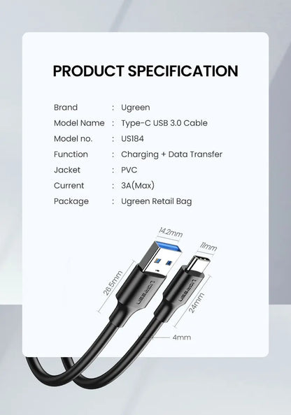 Cable Usb 3,0 A Usb-c Premium Carga Rapida Y Datos 1m Ugreen Negro