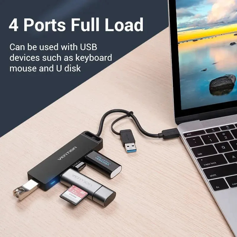 Hub Adaptador Usb Y Usb C 4 Puertos 3,0 + Micro Usb Vention Negro