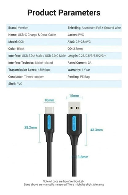 Cable De Carga Y Datos P/ Celular Usb A Usb-c 2,0 1m Vention