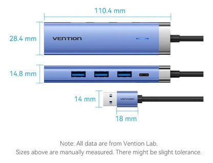Hub Multipuerto Usb 3,0 - 5 En 1 - Usb C - Rj45 Vention Plateado