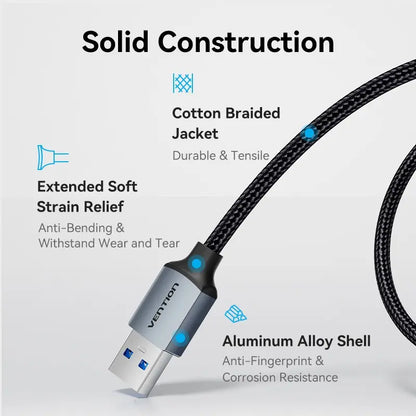 Cable De Datos Usb A 3,0 5gbps Aluminio Trenzado 2m Vention Gris Oscuro