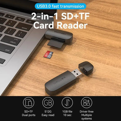 Lectora De Tarjeta - 2 En 1 - Usb 3,0 - Sd Tf Single Vention Negro