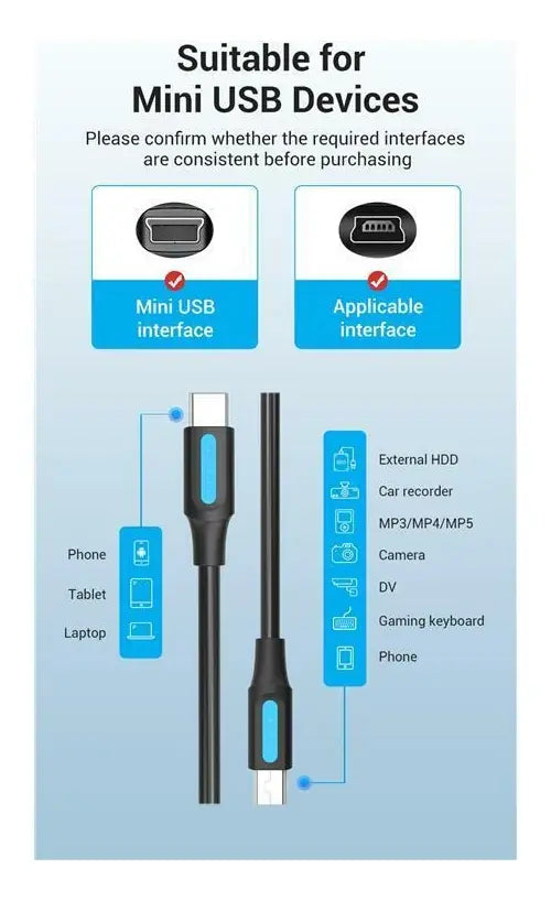 Cable Usb Mini B 2,0 De Datos Para Camara Pvc 2a 1m Vention Negro