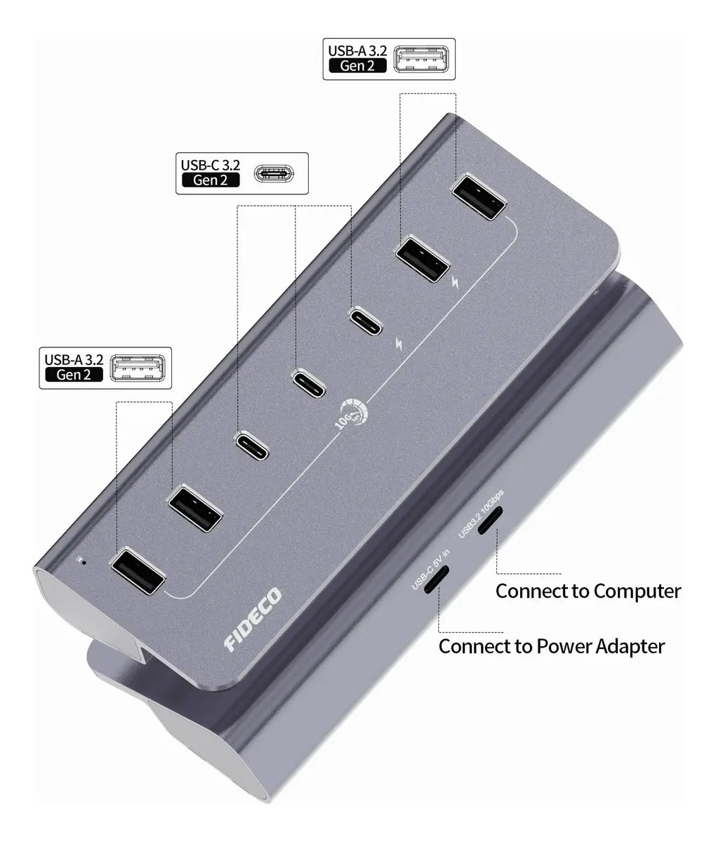 Hub Usb 7 Puertos Usb 3,0 + Usb C 10 Gbps Fideco Negro