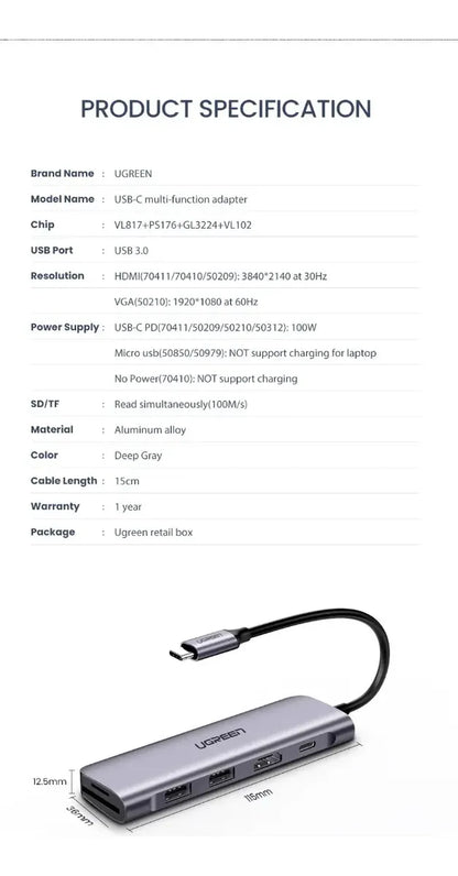 Hub Multipuerto Usb-c 6 En 1 Pd Hdmi Usb 3,0 4k Sd Fd Ugreen